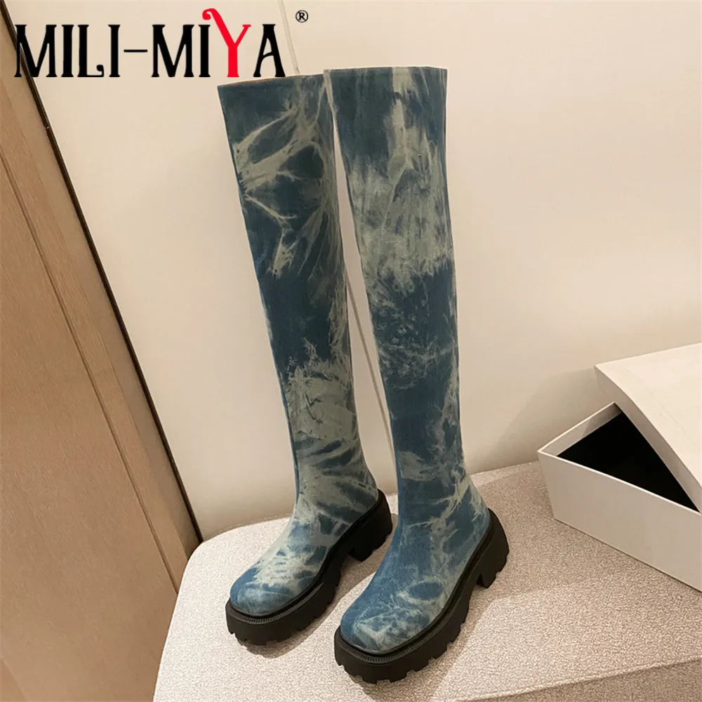 

MILI-MIYA Fashion Blue Color Women Denim Over The Knee Boots Round Toe Thick Heels Plus Size 34-41 Dress Party Shoes Handmade