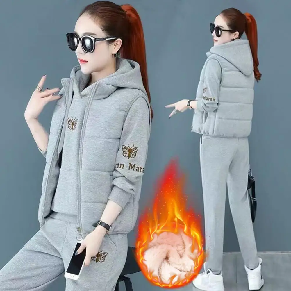 Lady Winter Clothes Women's Winter Tracksuit Set with Embroidered Hoodie Padded Coat Elastic Waist Pants 3 Piece for Cold