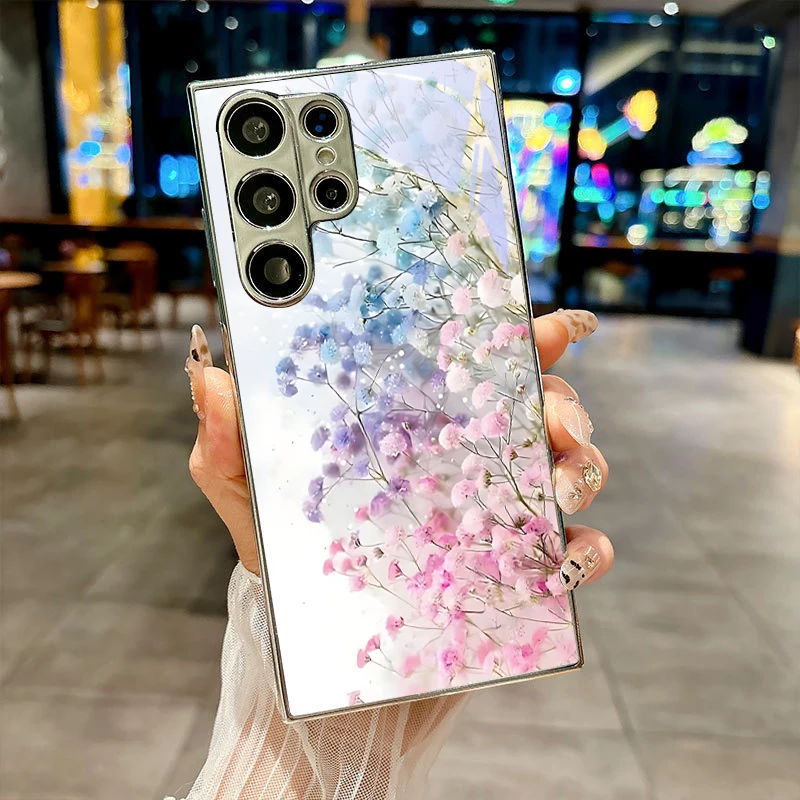 Flower Texture Art Electroplated Silver Phone Case For Samsung Galaxy S26 S25 S24 S23 S22 S21 S20 Ultra Plus FE S25+ Glass Cover