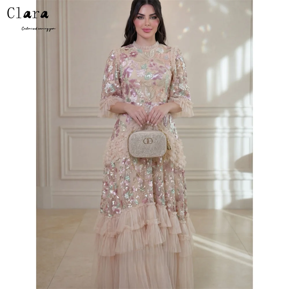 

Clara Custom Flower Shiny Long Sleeve A Line Women's Evening Dress for Weddings Ball Gowns Luxury Dresses for Prom Elegant Gown