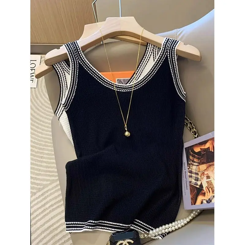 Color Blocking Sling Women Summer Comfortable Extravasation French Ice Shreds Knitting Sleeveless Off Shoulder All-match Tops