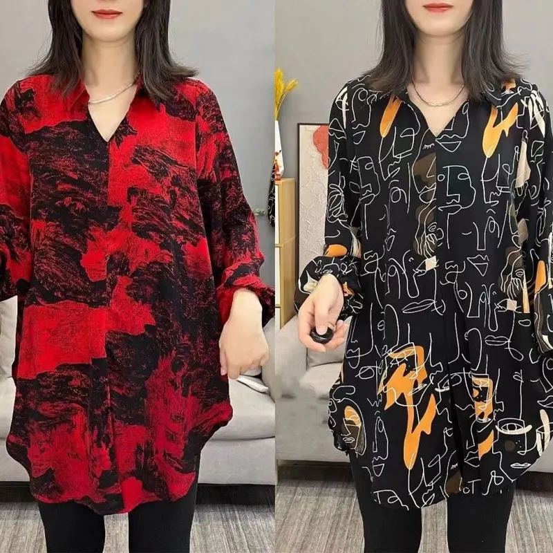 Stylish Streetwear Hand-Painted Printed Blouse Spring Autumn Casual Turn-down Collar Women\'s Clothing Commute Loose Midi Shirt