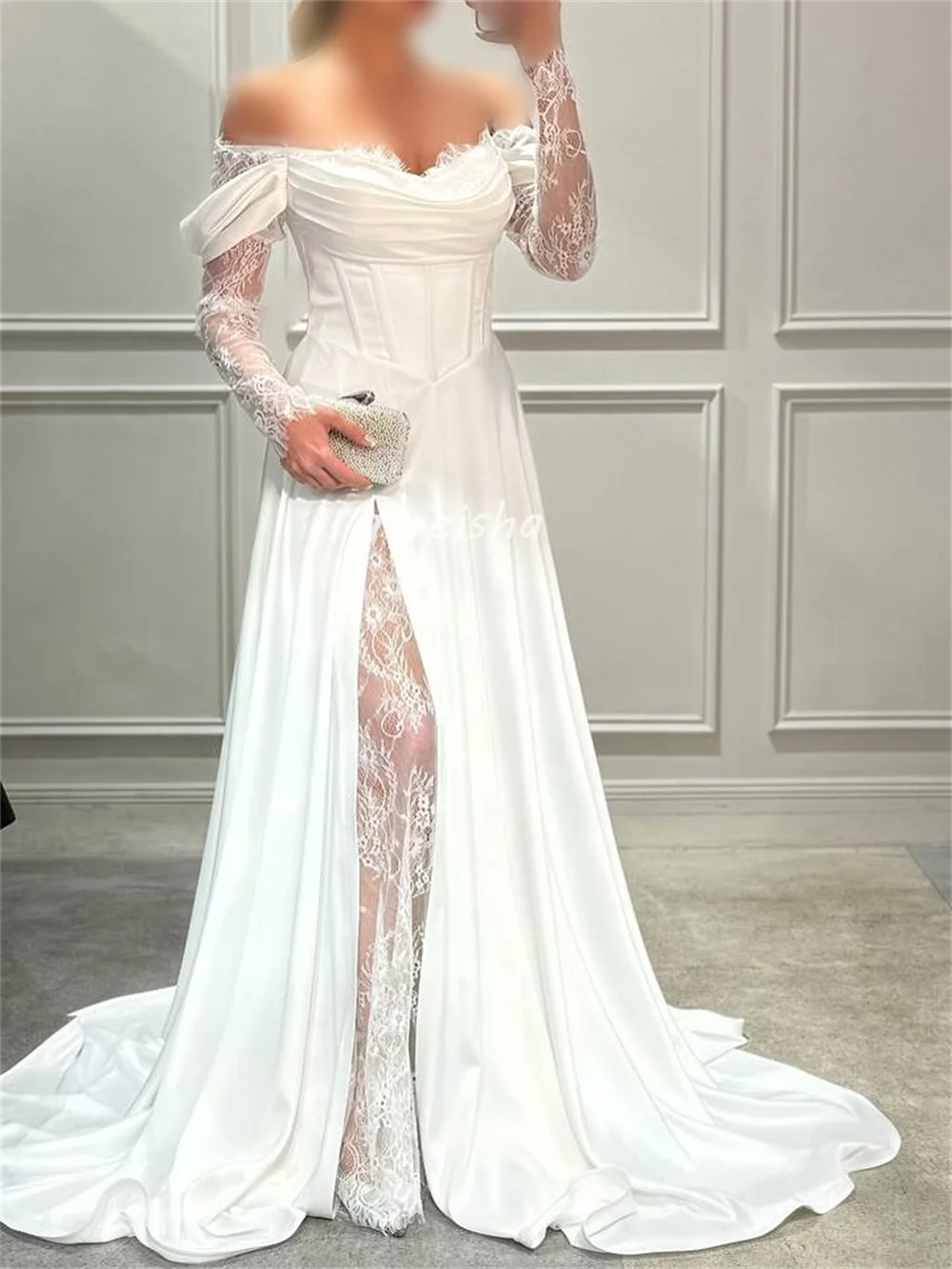 맞춤형 고급스러운 클래식 시폰 플리츠 드레이프 레이스 A라인 오프숄더 롱 드레스 맞춤형 행사 드레스 캐주얼 섹시