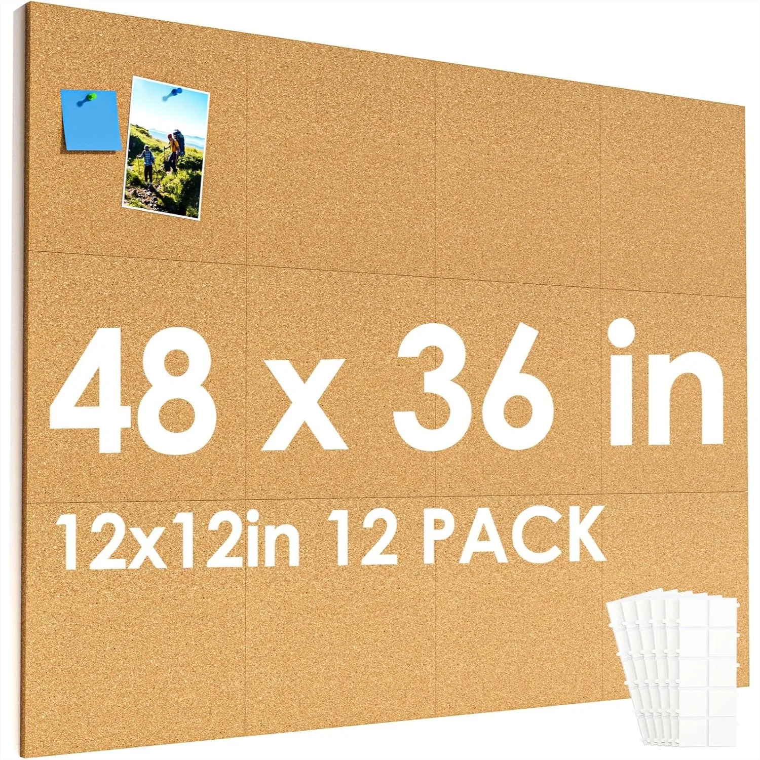 

12x12 Cork Board Tiles 48x36 Inch Set, 12 Pack Natural Corkboards with 40 Pushpins & Removable Adhesive Tabs for Office, School
