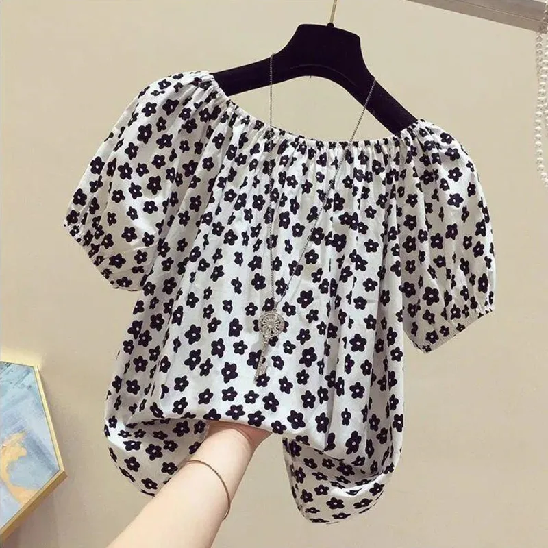 

M-4xl Large Size Sexy Slash Neck Blouses Women Summer Loose Floral Short Sleeve Chiffon Oversize Shirt Thin Trend Shirts Female