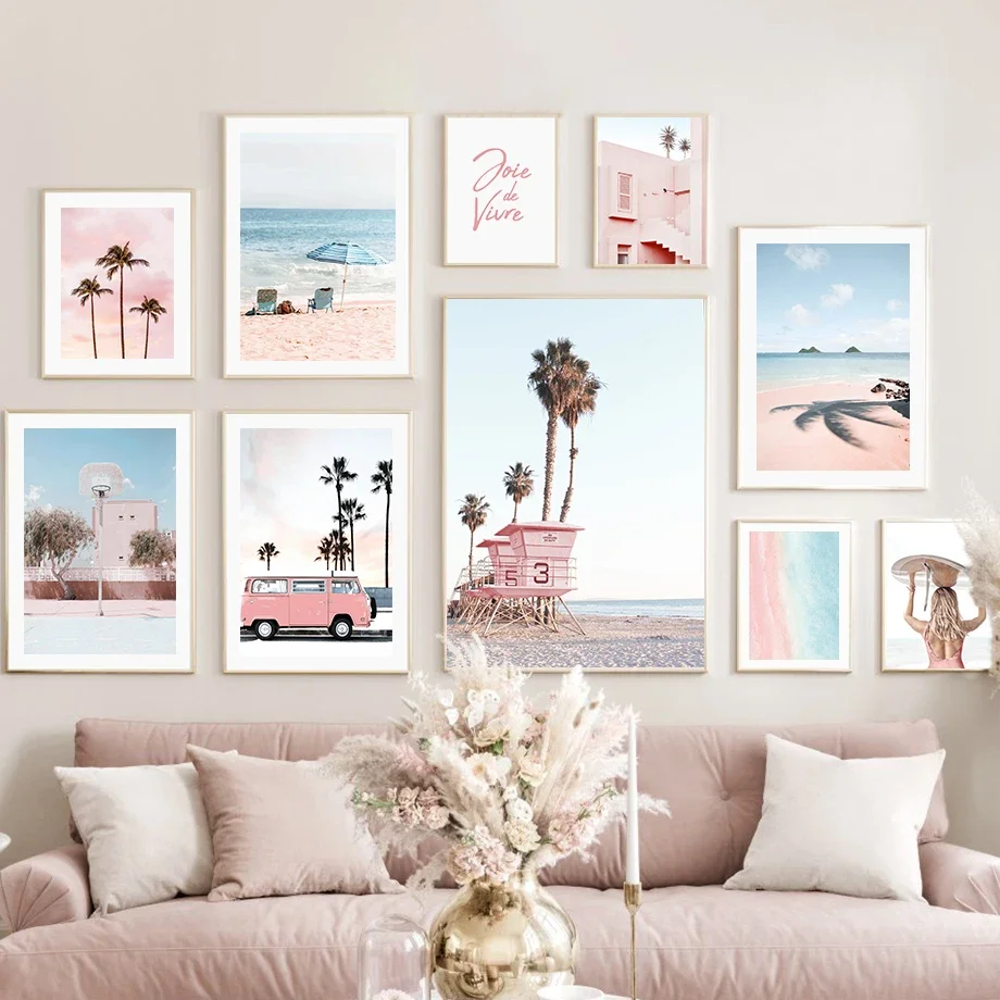 Wall Art Mural Canvas Painting Surfing Board Girl Pink Sea Coast Vintage Van Living Room Decoration Poster Prints Mural Pictures