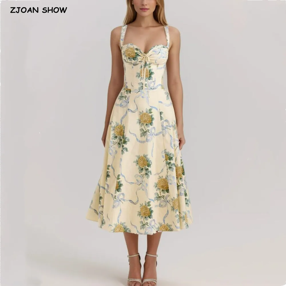 2025, romantisches gelbes Blumendruck-Bogen, gerüschter BH, Brustschlinge, Kleid für Damen, niedrige Taille, Falten, Swing, Spitzenfutter, Midi-lange Kleider, Robe