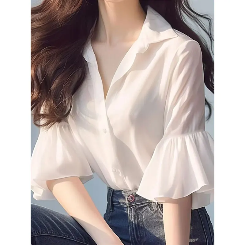 Women Clothes Casual Fashion Simplicity White Butterfly Sleeve Shirts Women's Summer Trend All-match Elegant Temperament Tops