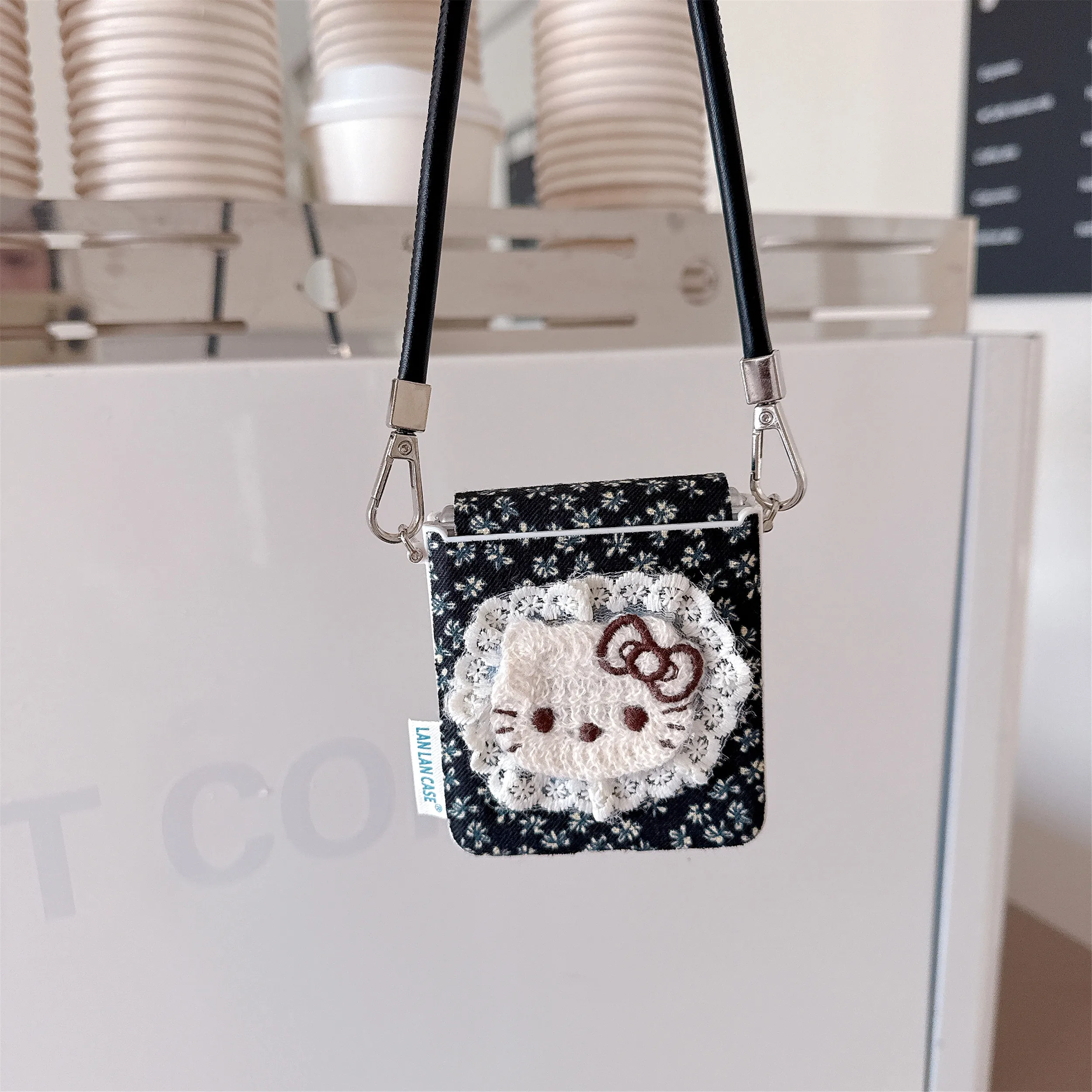 Korean cute little flower plush Hellokitty phone case for Samsung Galaxy Z flip6 7FE Flip5 6 Flip7 cover with strap fashion case view 4