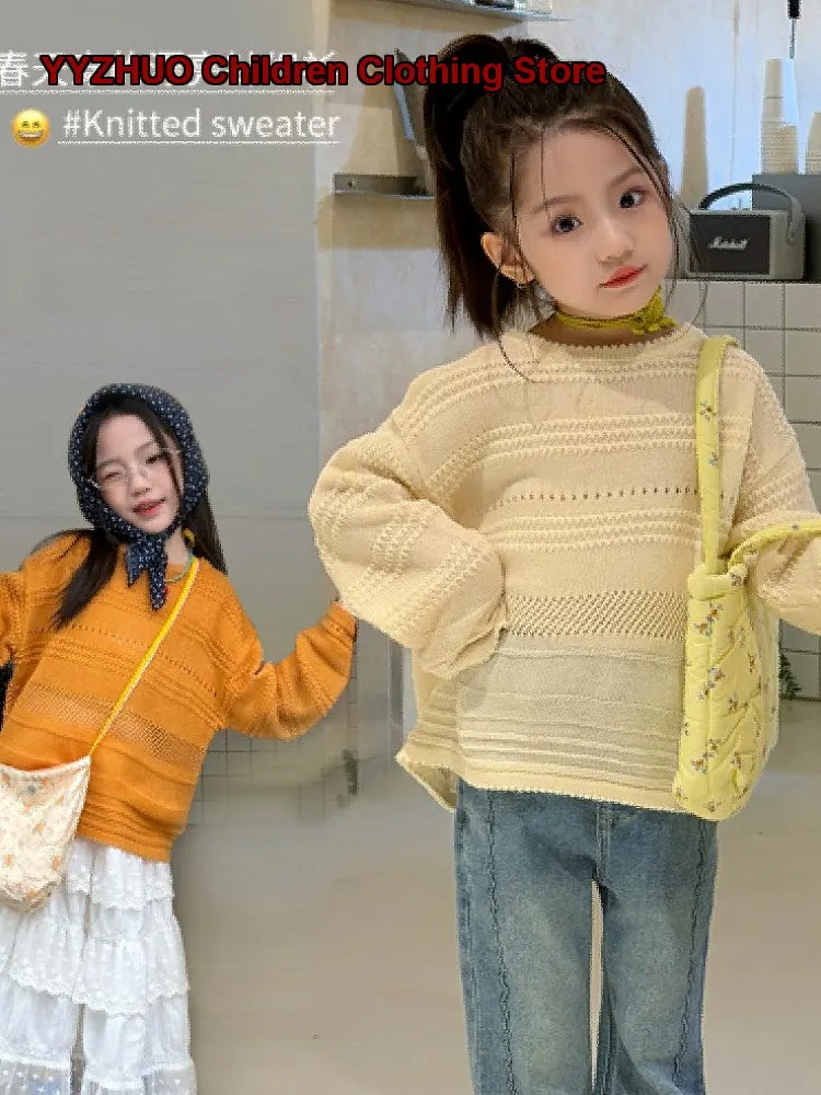 Girls Knit Top Kids Spring Autumn Round Neck Knit Top Hollow Out Trendy Fashion