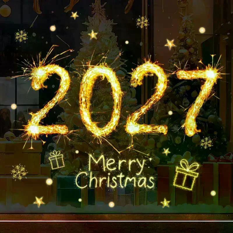 2027 New Year Christmas Window Stickers Double Sided: Same Color Ice Snowflake Design Home Holiday Party Decoration