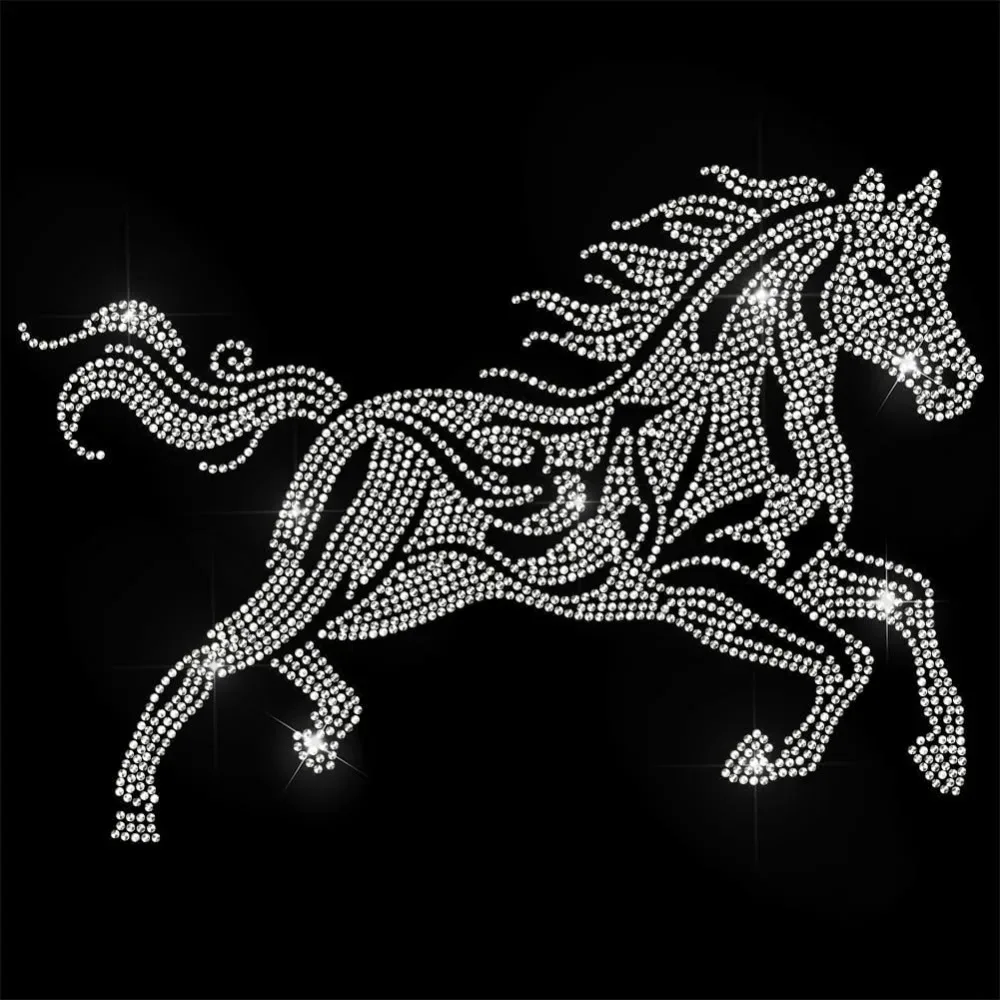 White Rhinestone Iron on Transfer Galloping Horse Bling Hotfix Patches for Clothes Large Iron On Sequin Applique for making kit