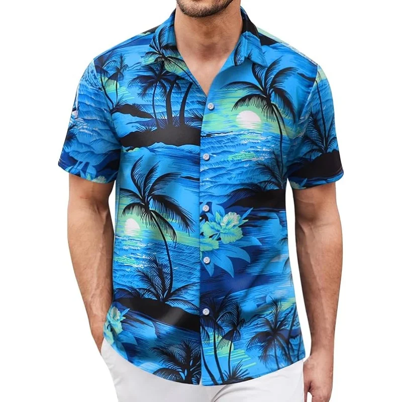 Refreshing Summer Island Style Banana Leaf Broad-leaved Element Men's Short Sleeved Shirt Camping Trip Loose Shirt