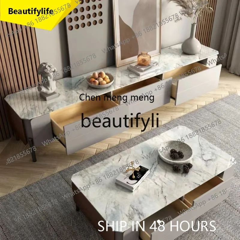 2003 Italian Minimalist Living Room Glossy Rock Slab Coffee Table TV Cabinet Combination Drawer Storage Cabinet