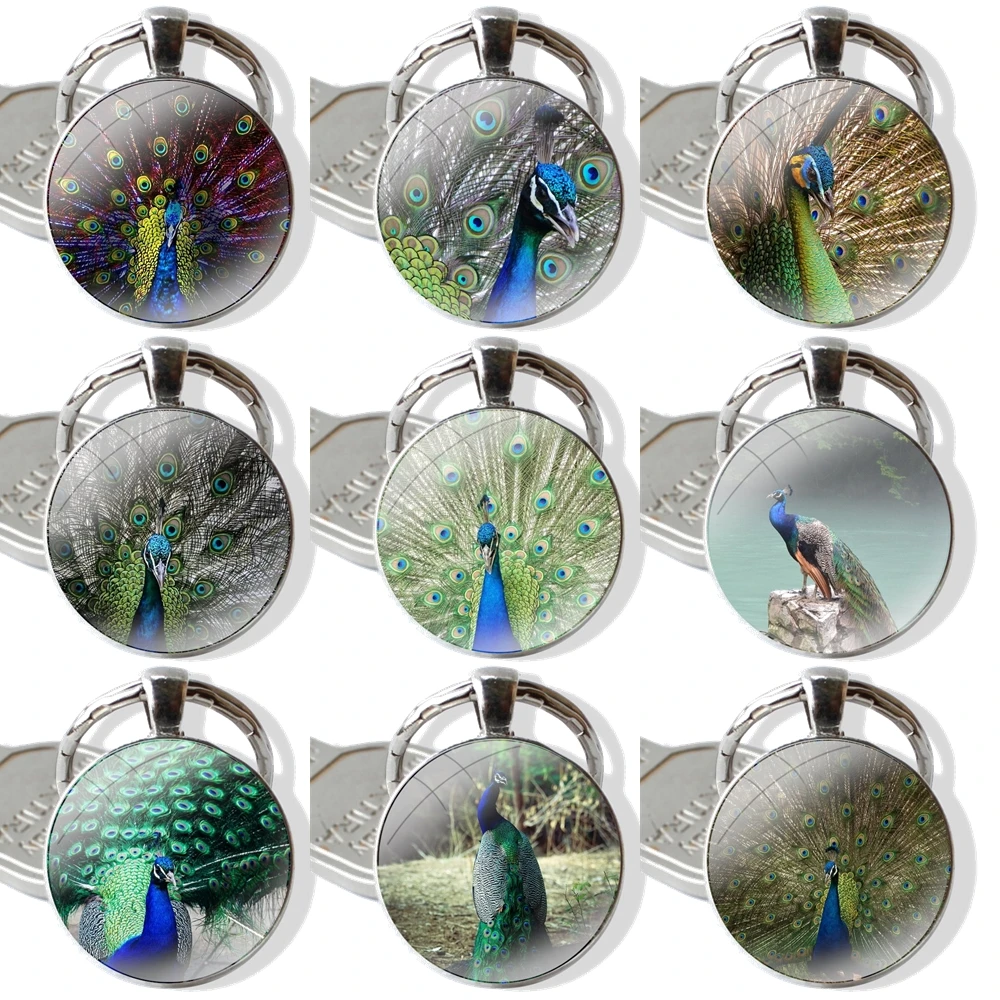 Keychain Handmade Glass Cabochon Key Ring Holder Pendant Key Chains Beautiful Peacock Bird