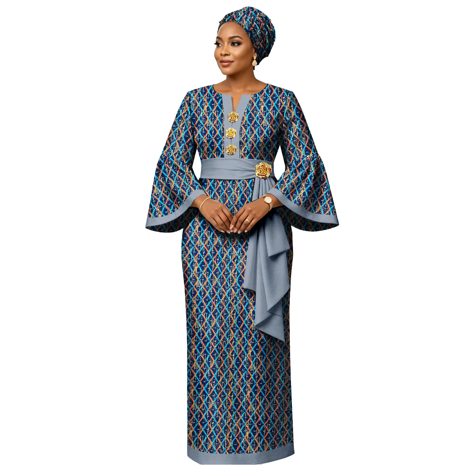 Women African Dress Set, Ankara Print Flare Sleeve Gown with Matching Headwrap, Dashiki Floral Button Attire - view 6