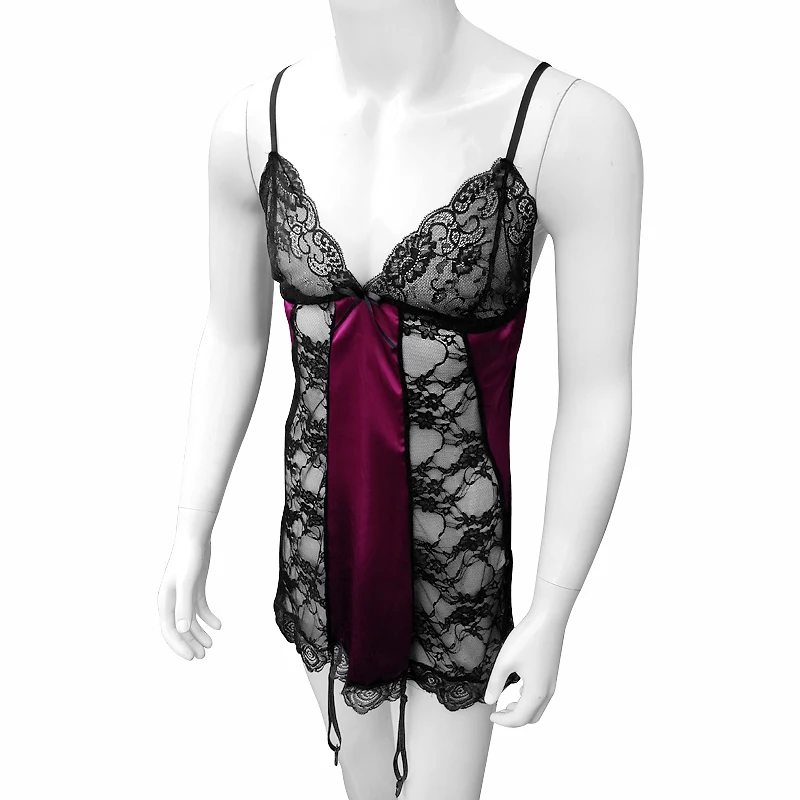 Sexy Men Lingerie Sissy Lace Babydoll Garter Chemise Crossdresser Femboy Sheer Mesh V-Neck Sleepwear Male Underwear