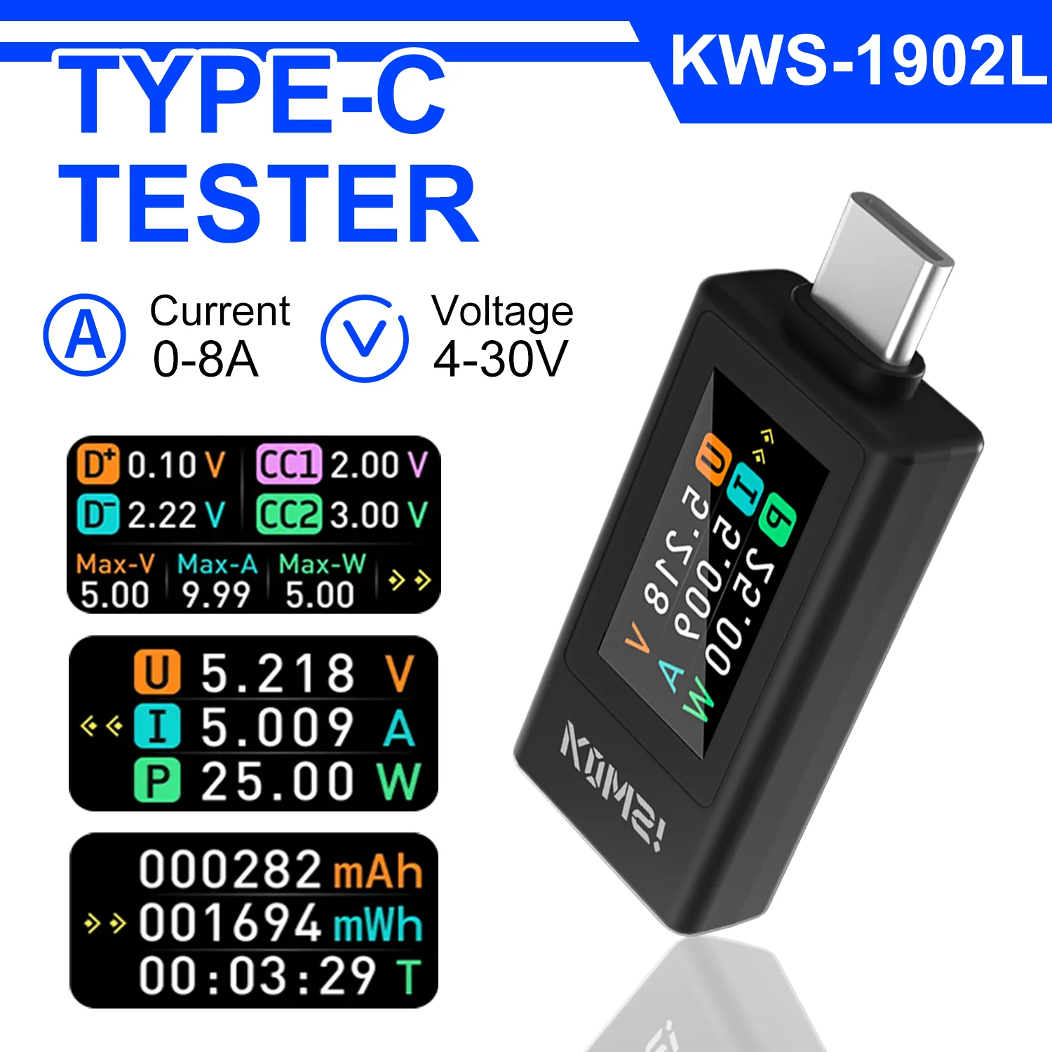 KWS-1902L NEW Type-C Tester 4-30V 0-8A Current Voltage Monitor Fast Charging Voltage Ammeter Power Meter with Power Off Storage