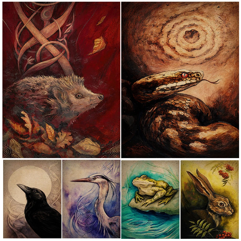 

Mysterious Animals Vintage Wall Art Canvas Painting,Snake,Rabbit,Frog,Crow Abstract Retro Art Poster And Print Home Decoration