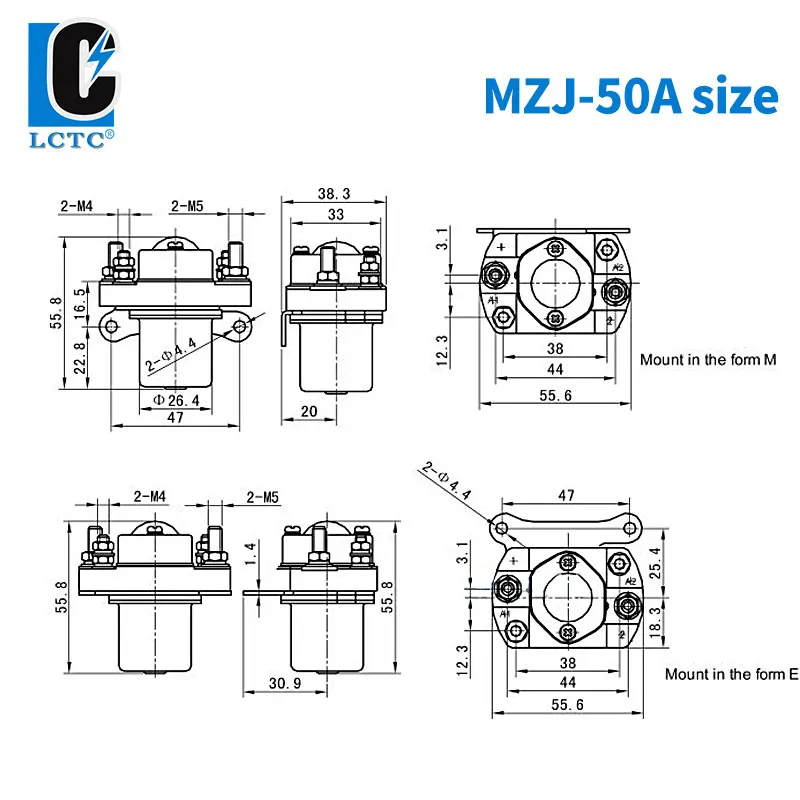 LCTC DC Contactor 50A Double Coil 6V 12V 24V 36V 48V 72V 84V 120V 1NO MZJ 50A-1500A