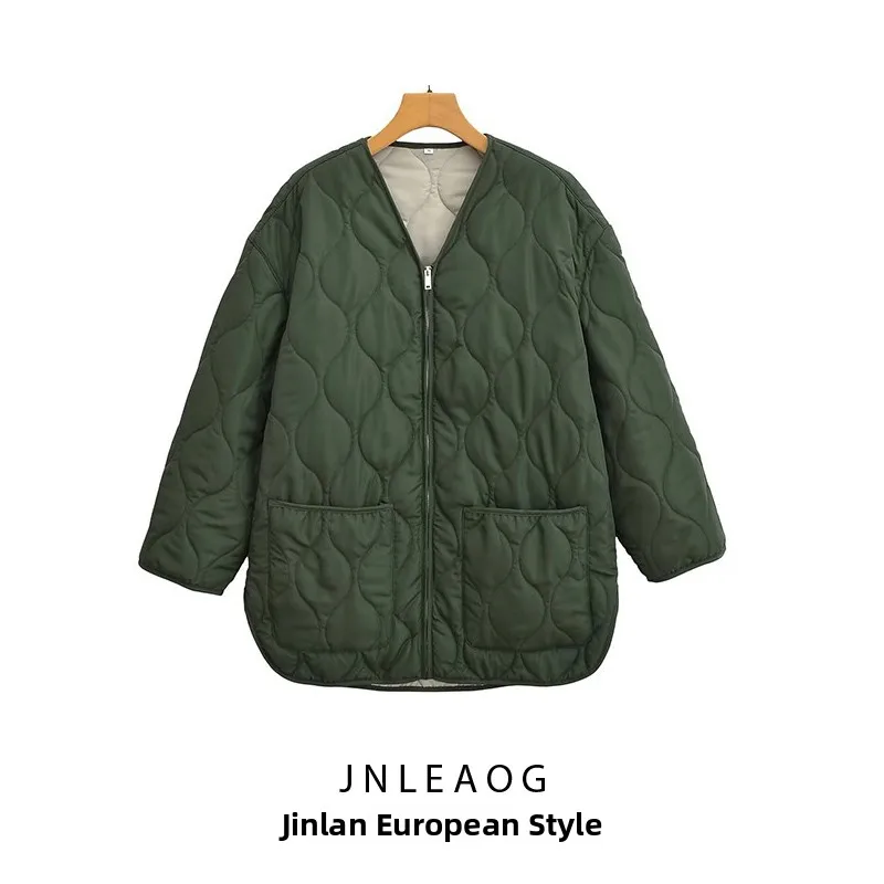 JNLEAOG Wiosenna Nowa Damska Luźna Kurtka z Bawełny, Modna Tkanina Poliestrowa, Zapinana na Zamek, Długi Rękaw, Dekolt w Serek, Regularna Długość