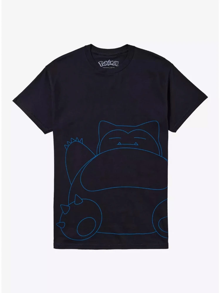 Bandai New Pocket Snorlax Line Art Print High Quality Fashion Men's Short Sleeve Parent-Child Loose Comfortable T-Shirt
