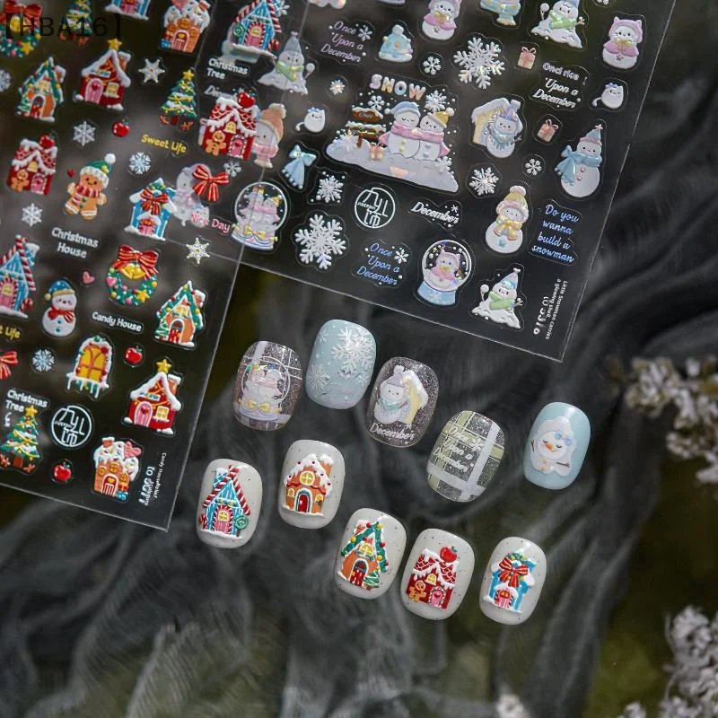 〔HBA16〕크리스마스 릴리프 네일 아트 스티커 겨울 판타지 어린이 네일 스티커 작은 눈사람/집 장식 스티커