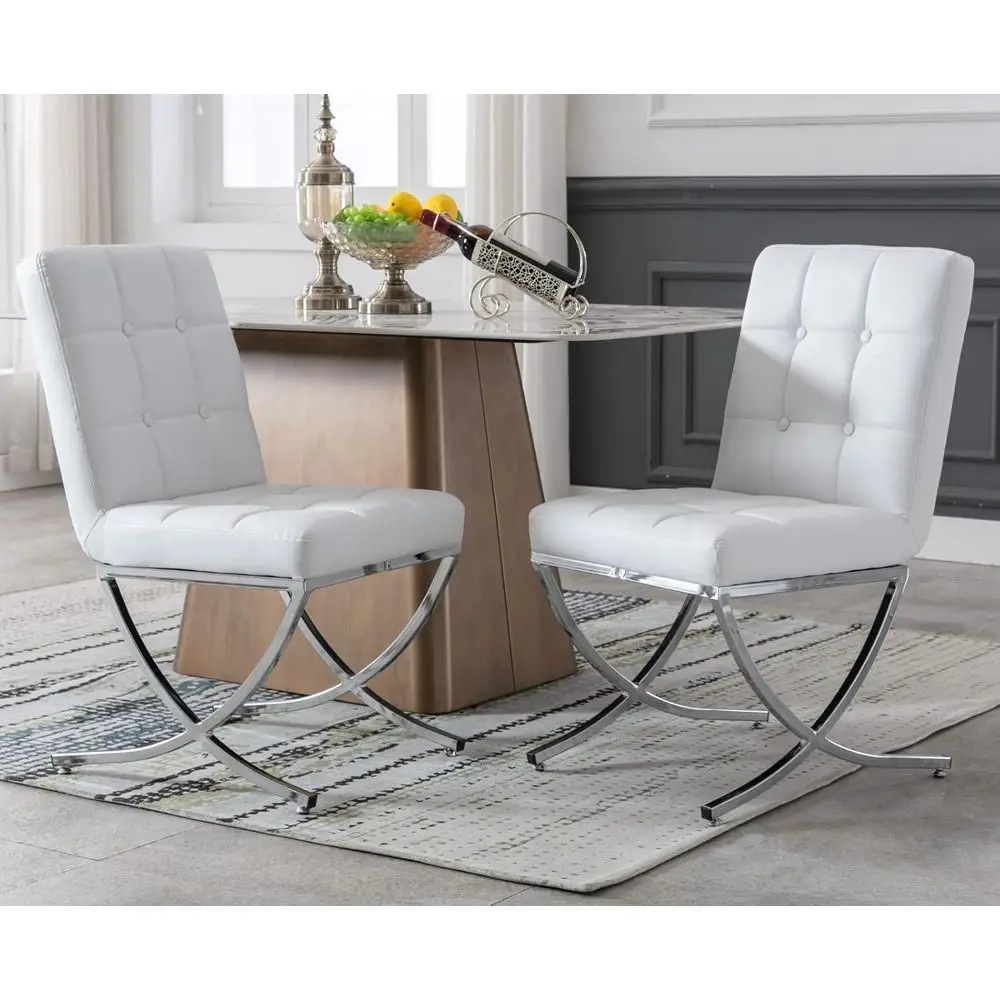 

White Leatherette 2-Piece Dining Chairs Set with Chrome Legs and High Backs for Home or Restaurant Use