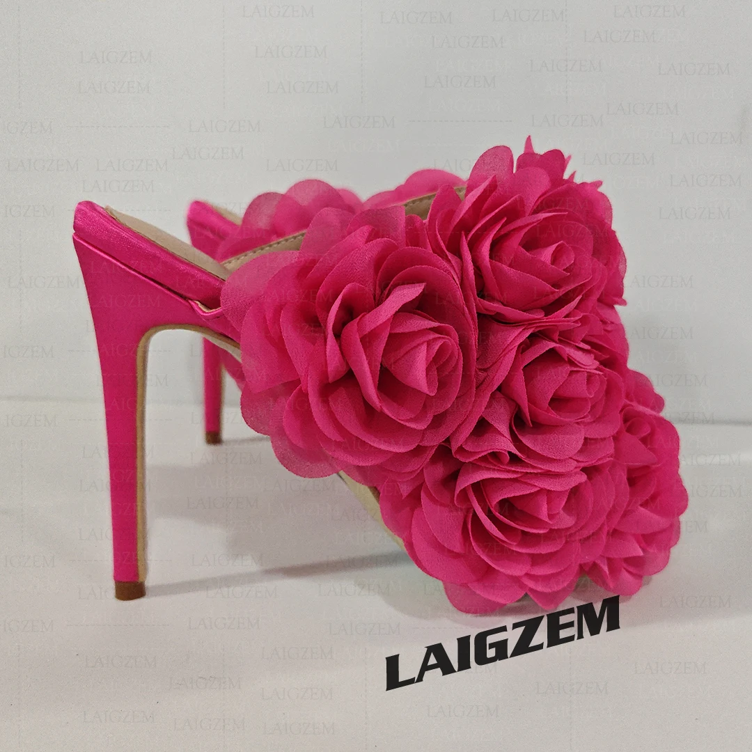 LAIGZEM Women Sandals Floral Slip On Mules Satin Thin Heels Pumps Ladies Prom Party Wedding Shoes Woman Plus Size 41 44 50 52