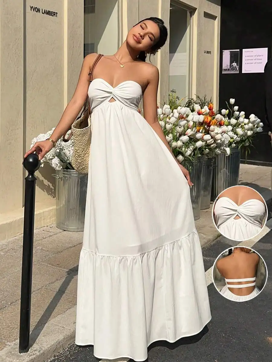 

White Strapless Maxi Dress with Twist Front and Ruffled Hem