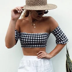 Sexy Off Shoulder Plaid Print Tank Top with Short Sleeve Bare Midriff Halter Crop Tops Women Cropped Vest Camisole Tube Female