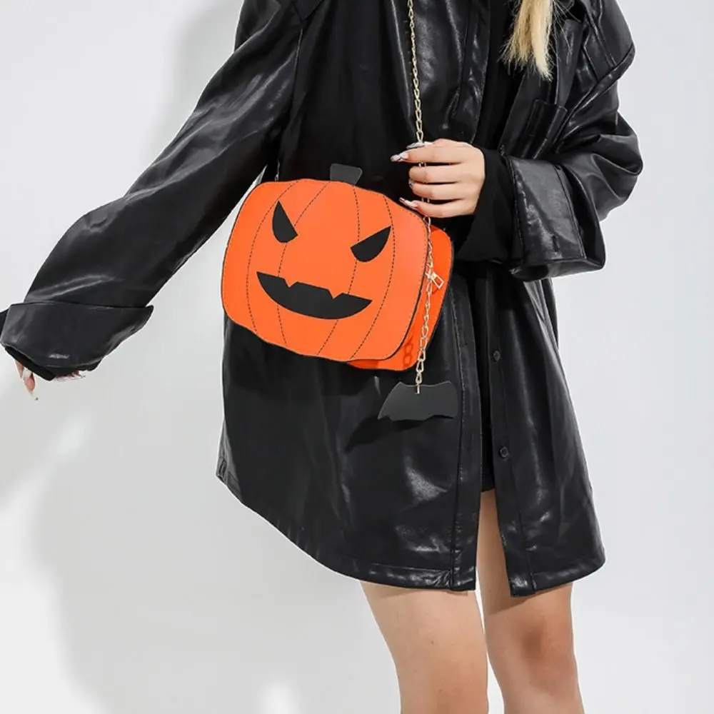 

PU Halloween Shoulder Bag Metal Chain Messenger Bag Pumpkin Shape Bag Contrasting Colors Small Purse Crossbody Bags