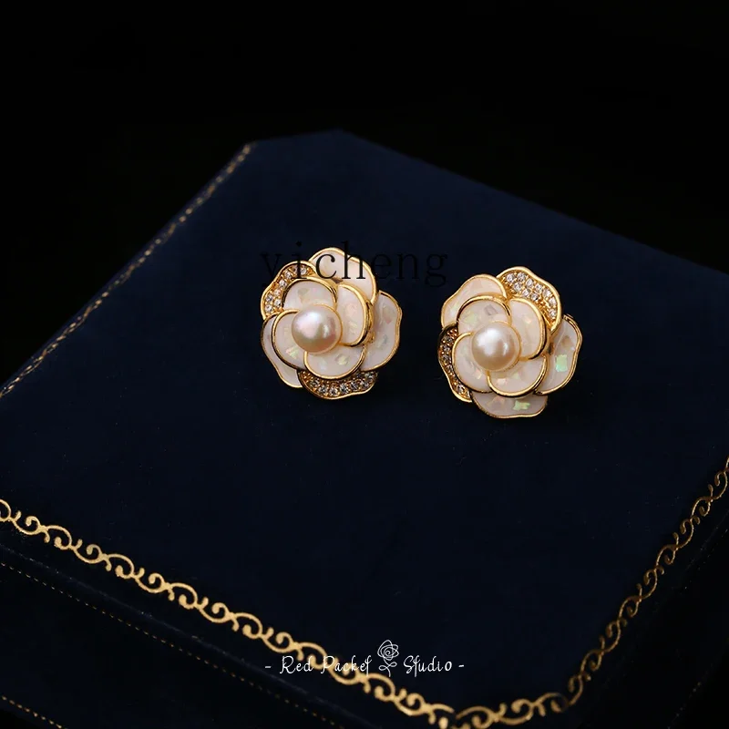 HSN retro elegant small fragrant wind camellia freshwater pearl enamel silver needle zircon stud earrings