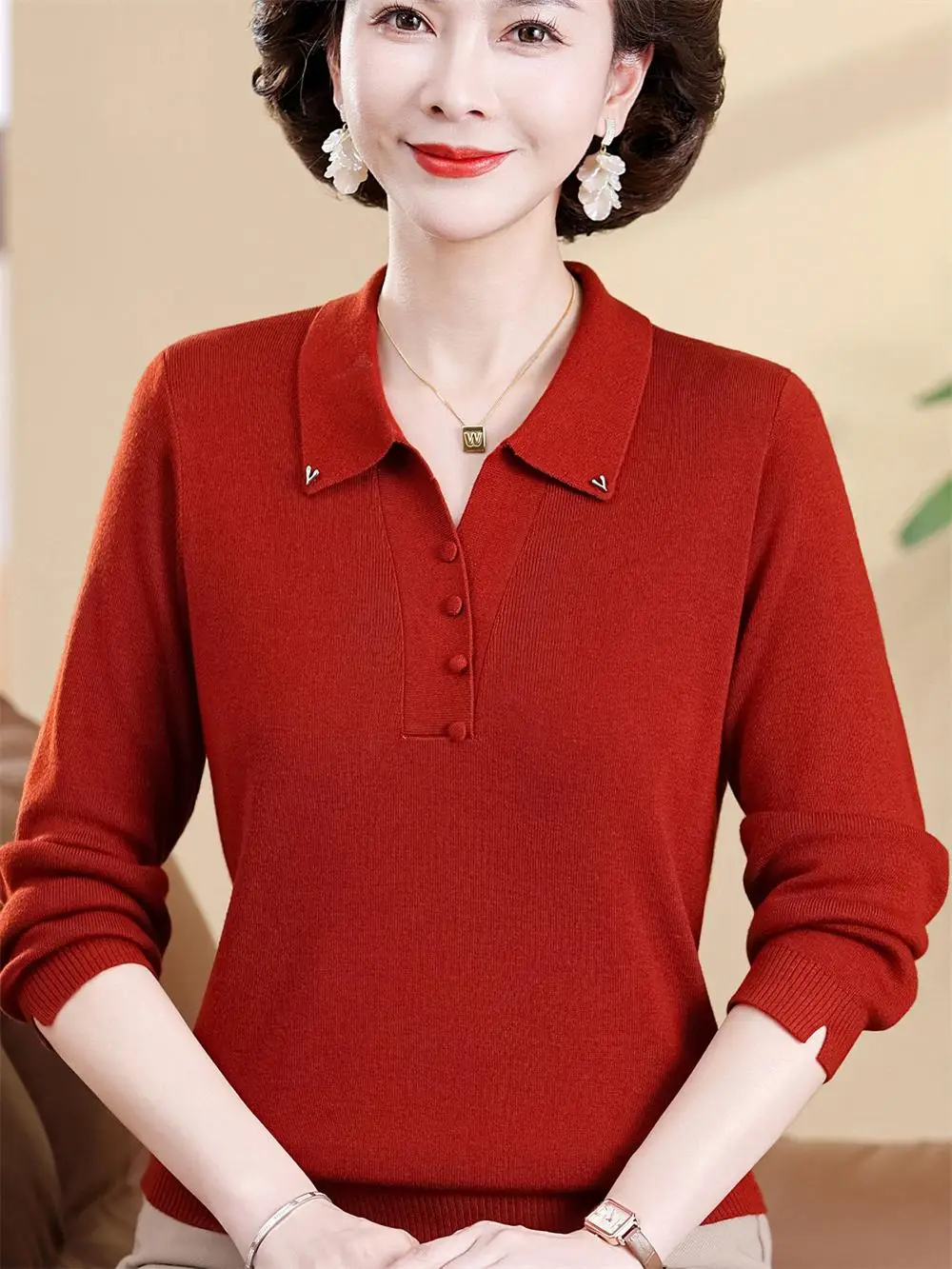 

Модный шерстяной вязаный свитер с длинными рукавами и воротником для женщин среднего и старшего возраста, тонкий свитер на весну и осень