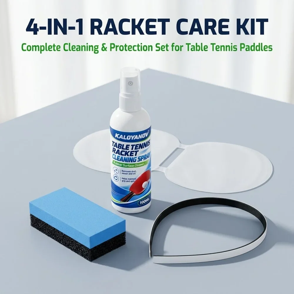 4PCS Table Tennis Racket Care Kit 100ml Rubber Cleaner Spray Dual Sided Sponge Protective Film Edge Tape Ping Pong Accessories
