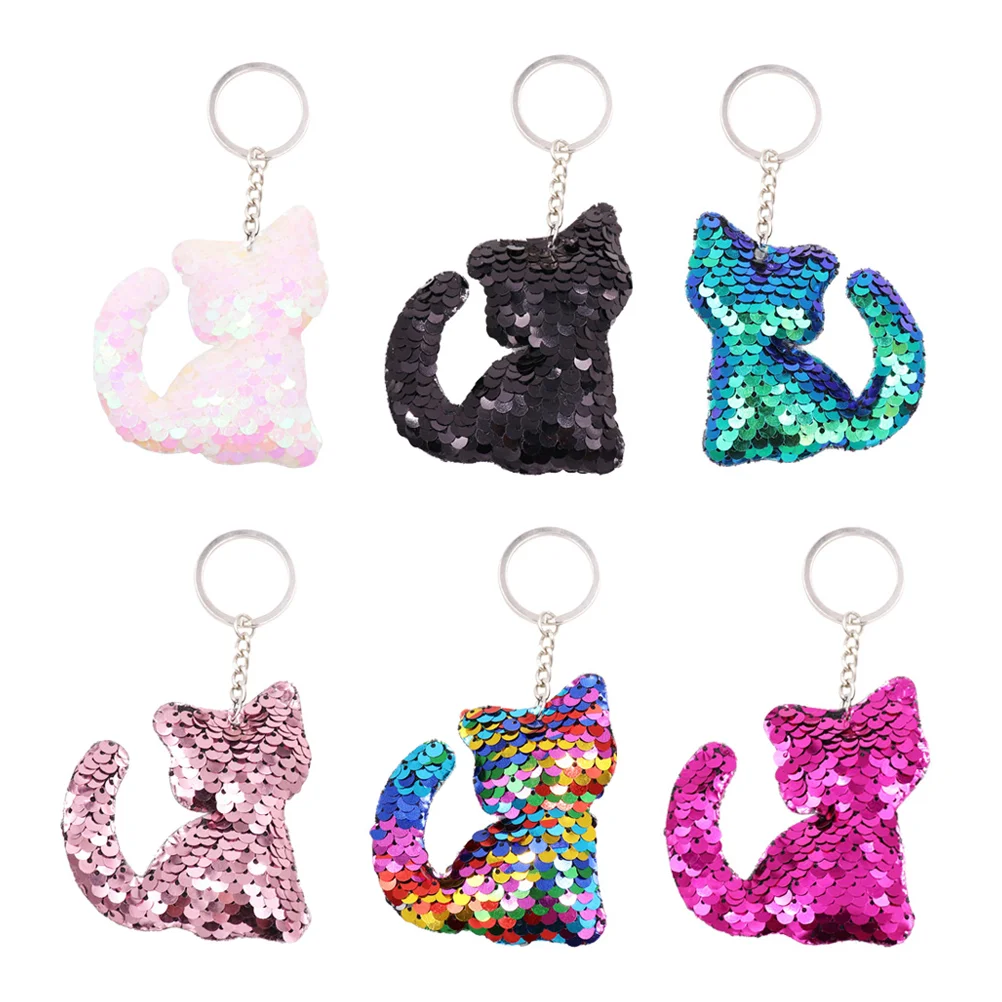 6pcs Creative Sequins Cat Keychain Fashion Keyring Hanging Key Chain Ornament Pendant (Pink, Colorful, Rosy, Green, Black, Pink