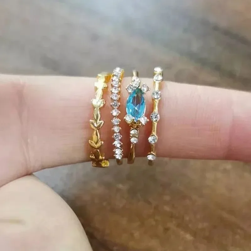 New 4 PCS/set Crystal Flower Women\'s Ring Set Trendy Engagement Wedding Party Famale Rings Jewelry Hand Accessories Size 5-10