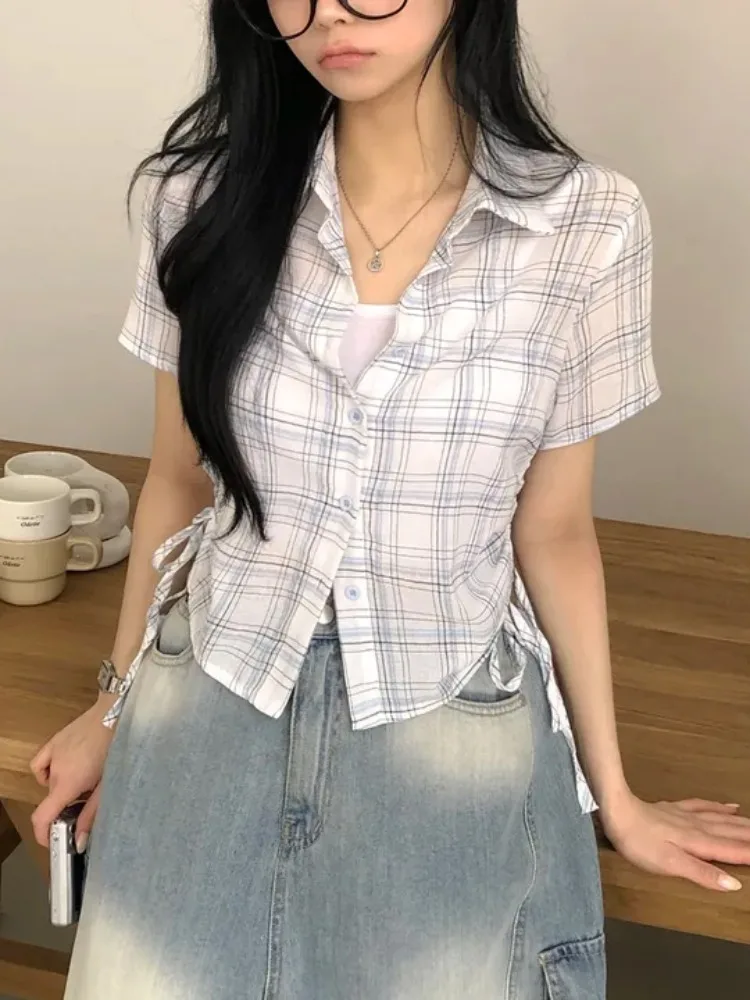 

Slim Fit Plaid irt Side Gathered Belt Design Summer New Sle Design Sense Women's Top Faionable Versatile Spring A...