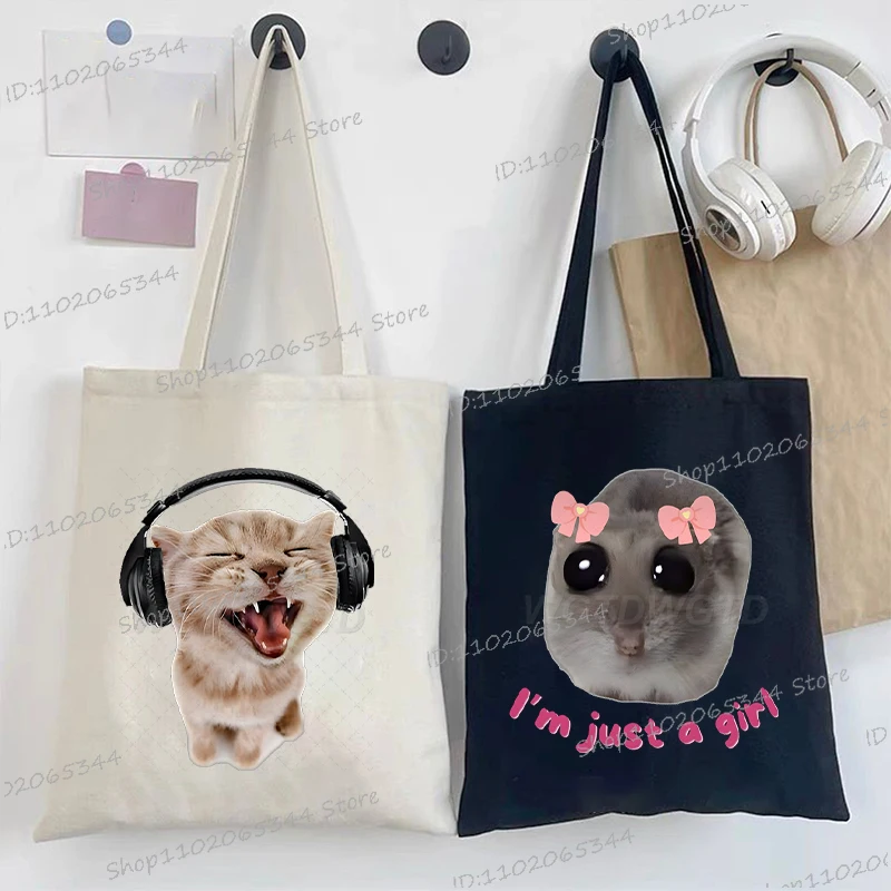 

Y2K Cartoon Meme Cat Shoulder Bag Funny Animal Print Women's Handbags Casual Cute Kitten humour trend Teen Canvas Tote Bag