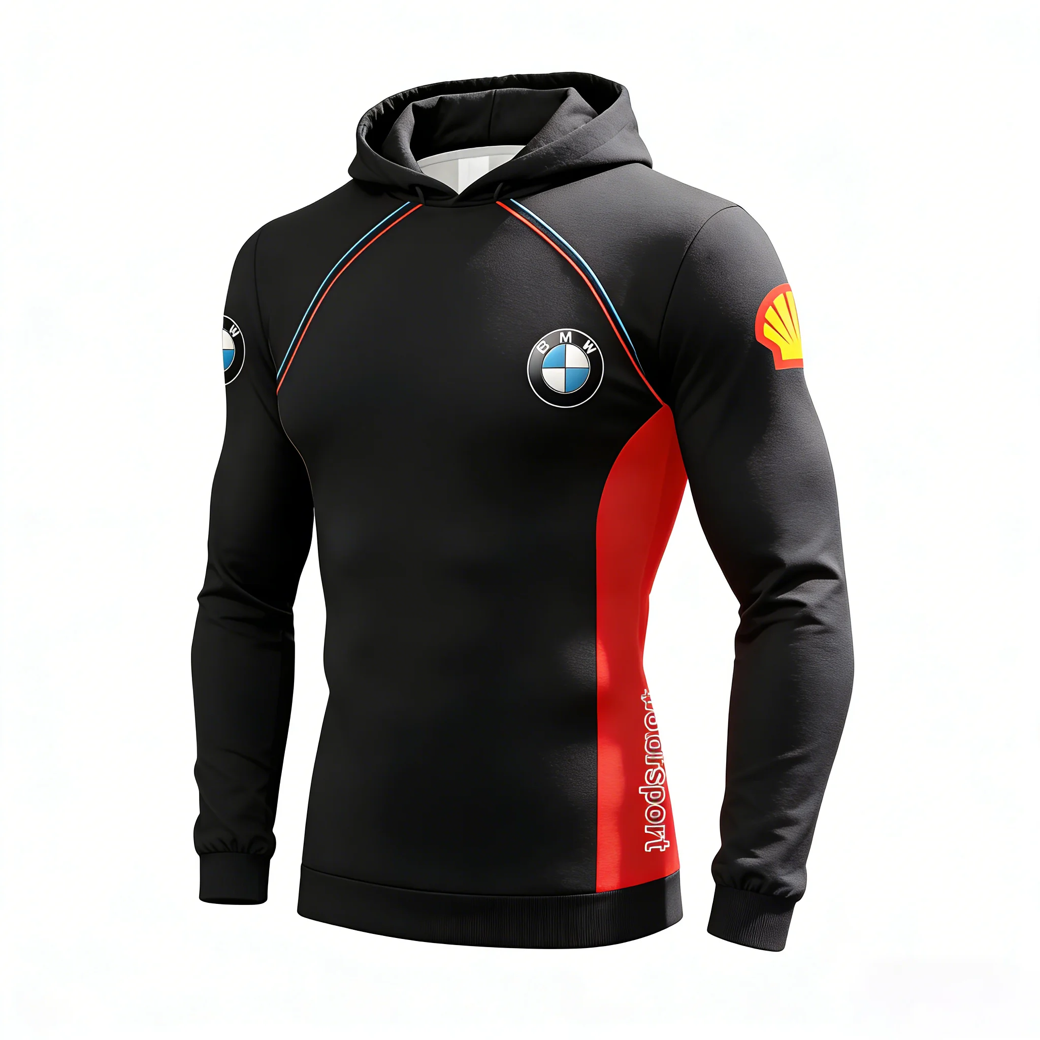 Bmw 레이싱 슈트 후드가 달린 스웨트셔츠 검정색과 빨간색 테두리 오토바이 스타일 스포츠 및 피트니스 활동 편안한 일상 생활