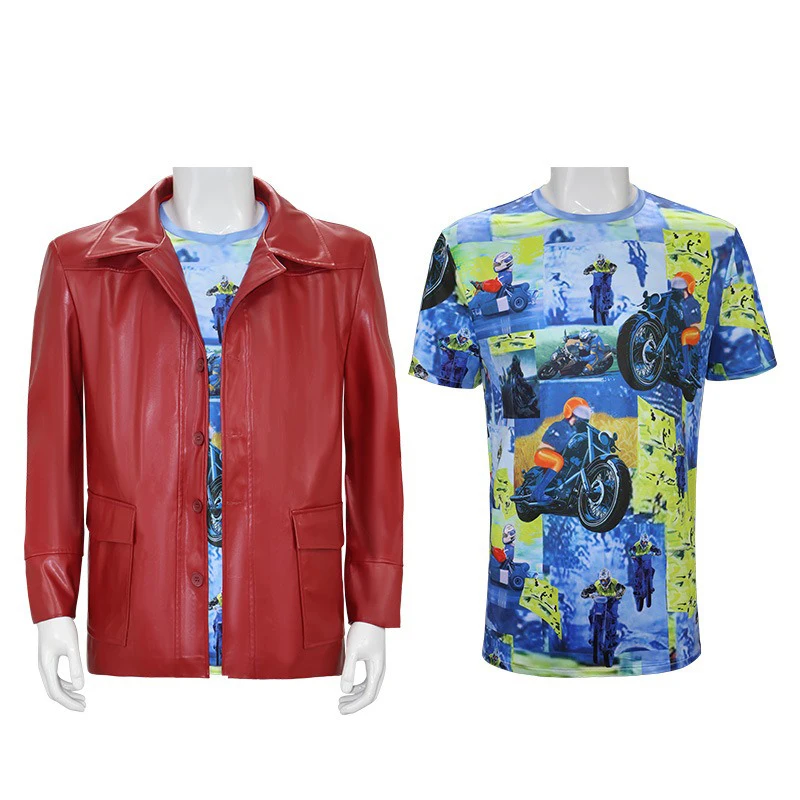 Men Red Leather Jacket Fight Club Tyler Durden Cosplay Costume PU Coat T-shirt Glasses Suit Halloween Party Role Play Outfit view 3