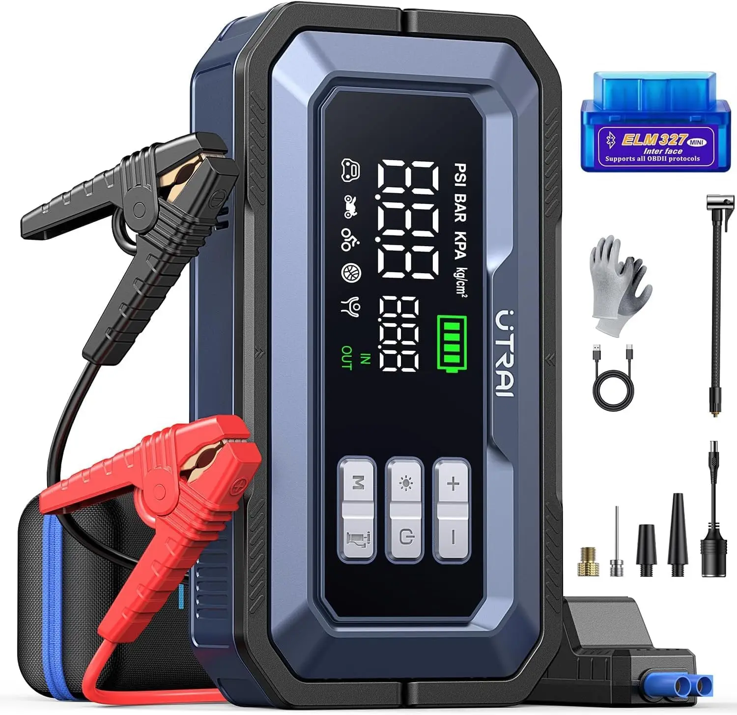 

Portable 7000A Jump Starter with Air Compressor, 150PSI for Car Battery, 160W DC Output, OBD II Scanner & LED Light