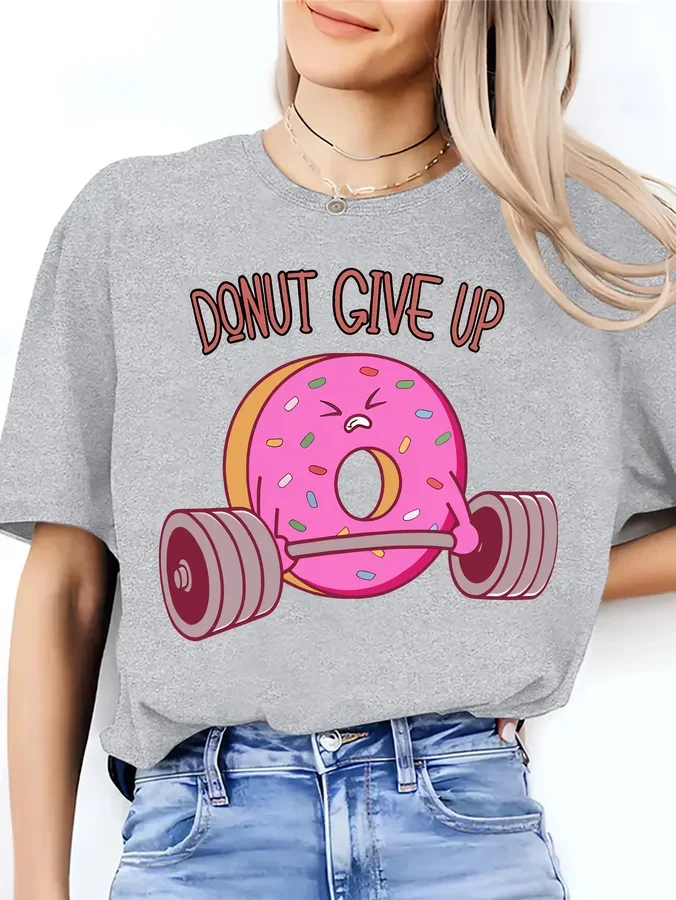 Donut Give Up Fun Donut Print Casual Loose Summer T-Shirt