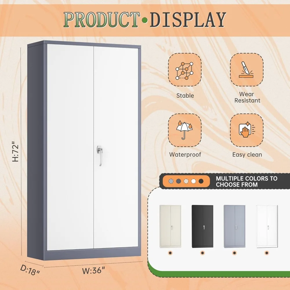 خزانة ملابس معدنية مع قفل، 72 قضيب تعليق ومنظم خزانة أرفف قابلة للتعديل