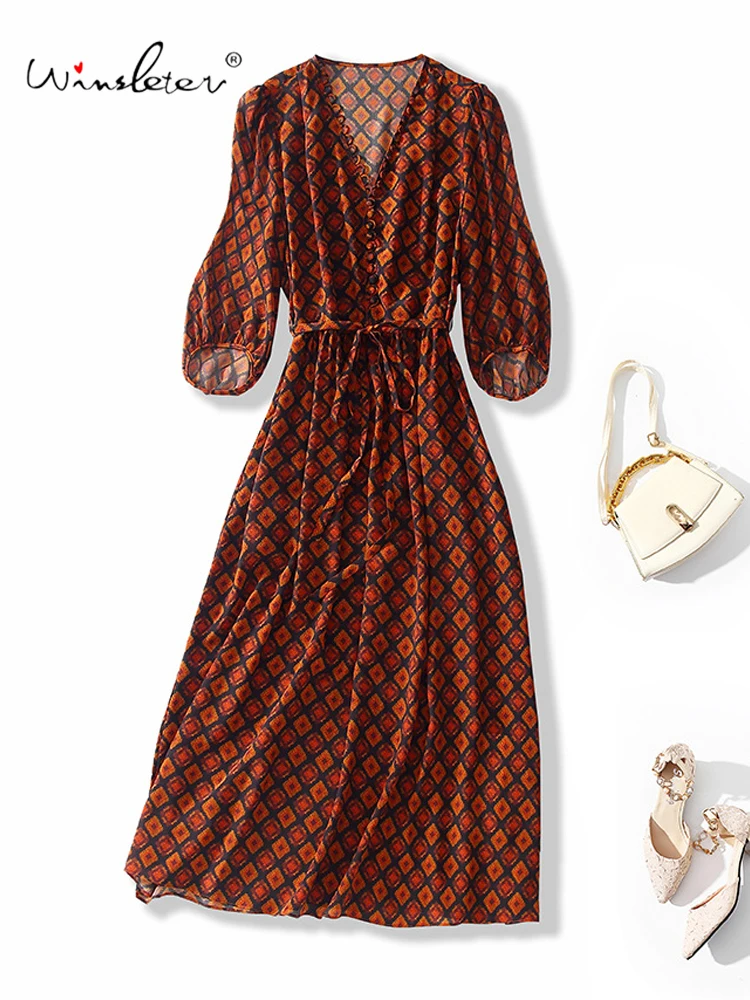 

Winsleter-Women's 100%Real Silk Elegant Dress, 3/4 Sleeve V Neck Print, Temperament Commute Party Dresses, 2025 Summer D57838CC