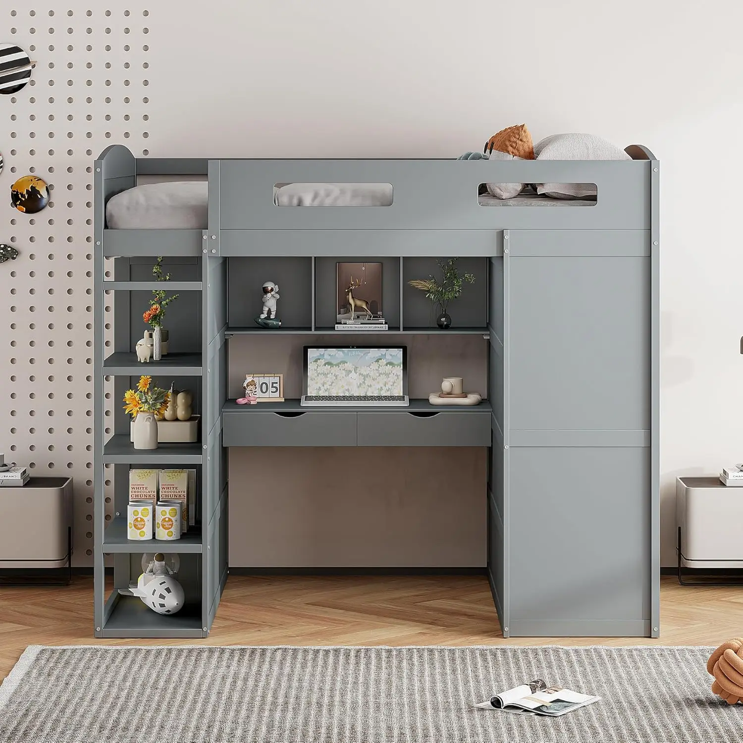 

Gray Wooden Full-Size Loft Bed featuring Desk, Wardrobes, 4 Drawers, and 4 Shelves