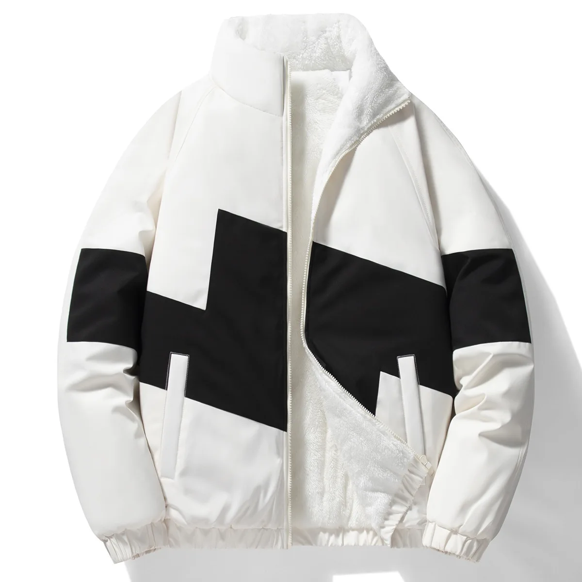 2025 mann Jacke Winter Verdicken Fleece Kontrast Farbe Stehkragen Männer Unten Mantel Mode Lange Sleeve Zipper Männliche Oberbekleidung