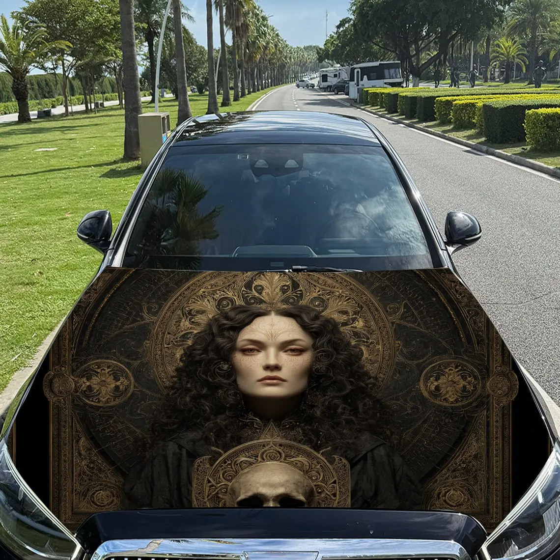 

Female Figure and Skull Car Vinyl Wrap, PVC Material Waterproof Car Hood Sticker, Self-Adhesive Scratch-Resistant Stickers for E