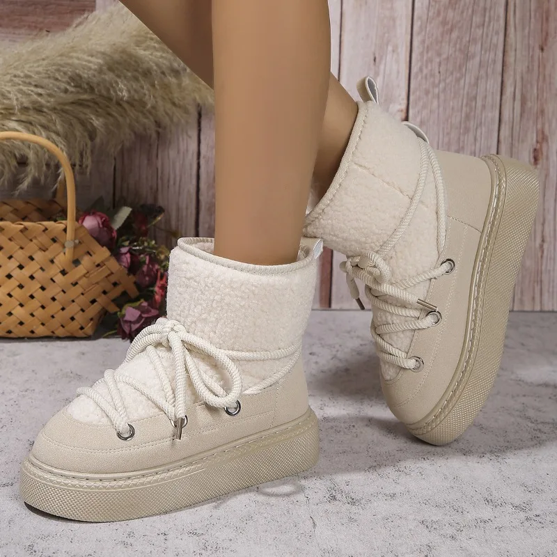 Cold-proof and Warm Winter Ladies Shoes 2024 New Lace Up Design Women’s Platform Boots Waterproof Anti-slip Fashion Short Boots