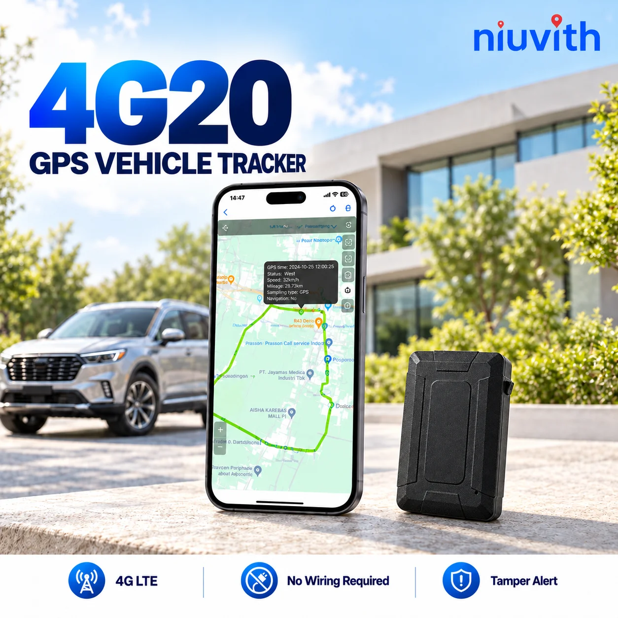 Niuvith Mini 4G LTE GPS Vehicle Tracker, Real-Time Tracking, Anti-Theft Alert, IP65 Waterproof, Free APP for Cars & Fleets